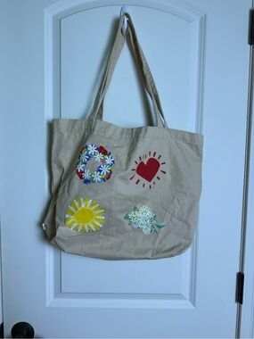 IKEA Beige Canvas Tote with Floral, Heart & Sun Motifs